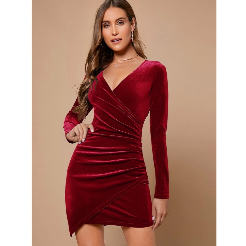 Red Velvet V-Neck Long Sleeve Mini Dress - Picture 2 of 9